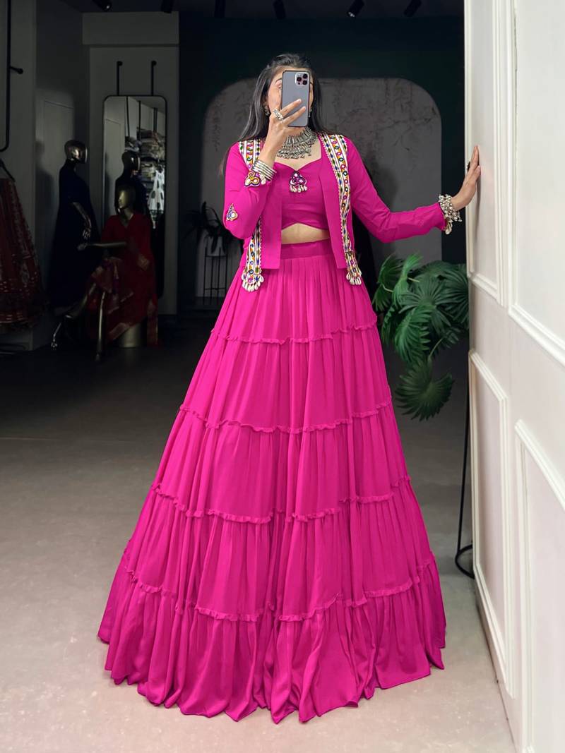Rani Pink Pure Rayon Chaniya Choli With Koti - Free Size 