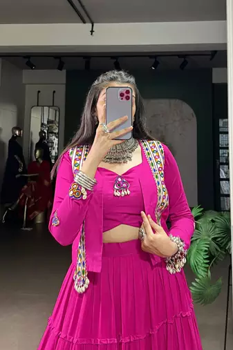 Rani Pink Pure Rayon Chaniya Choli With Koti - Free Size 
