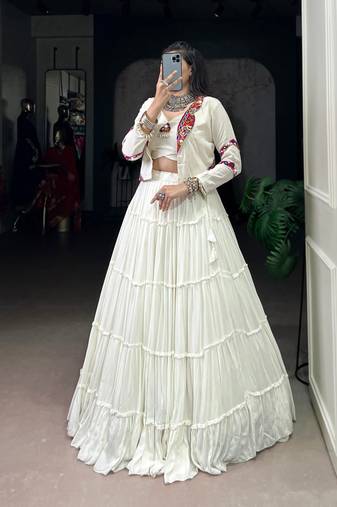 White Pure Rayon Chaniya Choli With Koti - Free Size 
