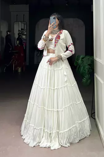 White Pure Rayon Chaniya Choli With Koti - Free Size 