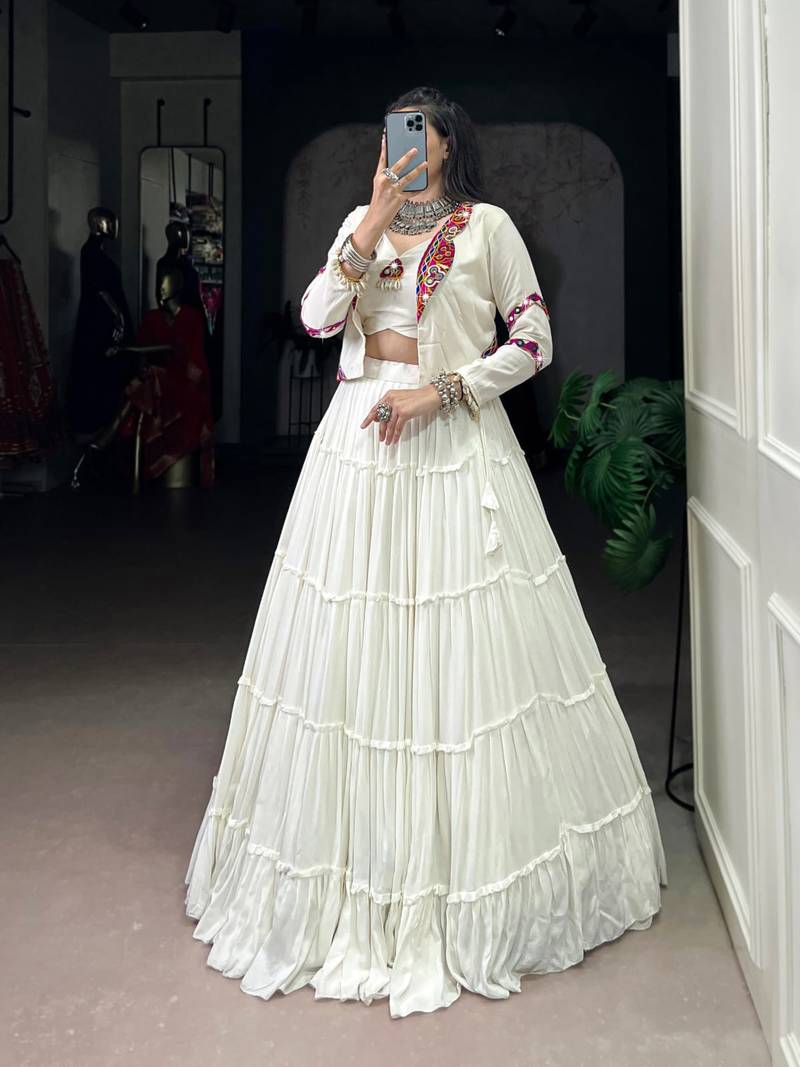 White Pure Rayon Chaniya Choli With Koti - Free Size 