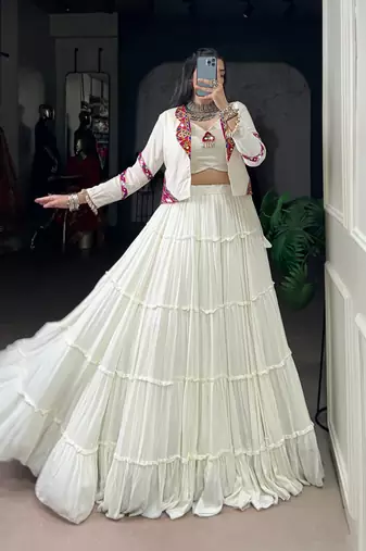 White Pure Rayon Chaniya Choli With Koti - Free Size 