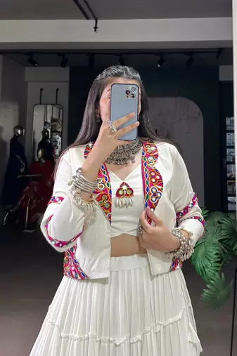 White Pure Rayon Chaniya Choli With Koti - Free Size 