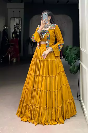 Mustard Pure Rayon Chaniya Choli With Koti - Free Size 