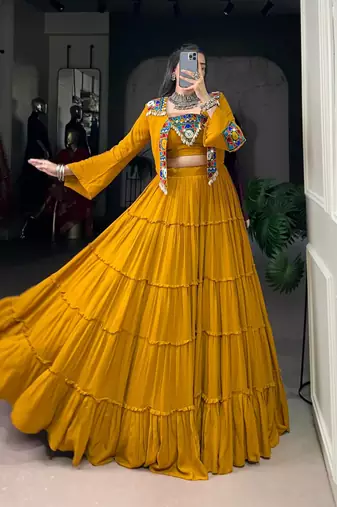 Mustard Pure Rayon Chaniya Choli With Koti - Free Size 