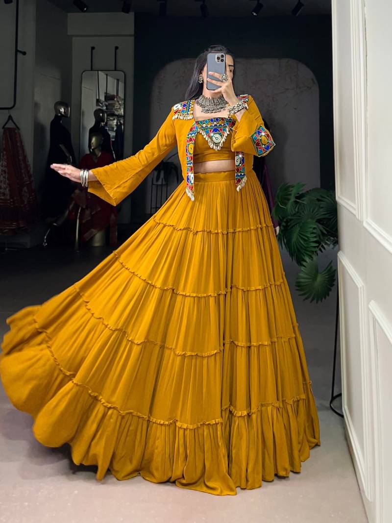 Mustard Pure Rayon Chaniya Choli With Koti - Free Size 