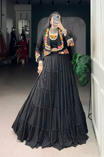 Black Pure Rayon Chaniya Choli With Koti - Free Size 