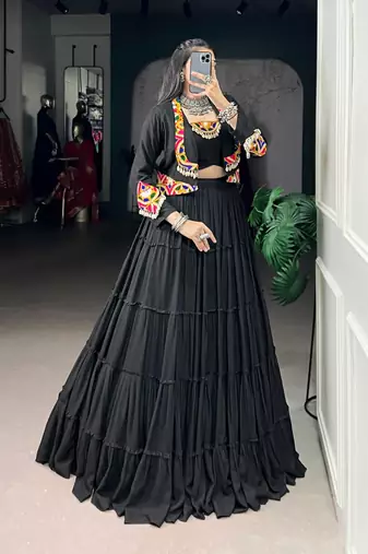 Black Pure Rayon Chaniya Choli With Koti - Free Size 