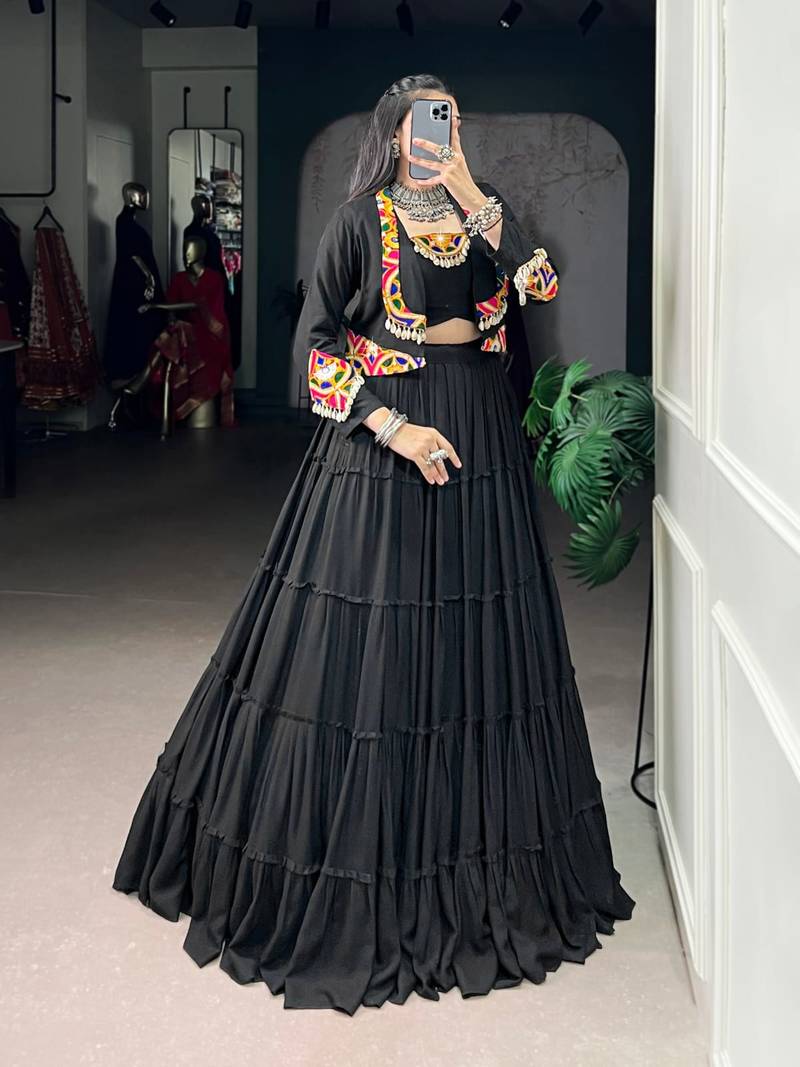 Black Pure Rayon Chaniya Choli With Koti - Free Size 