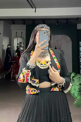 Black Pure Rayon Chaniya Choli With Koti - Free Size 