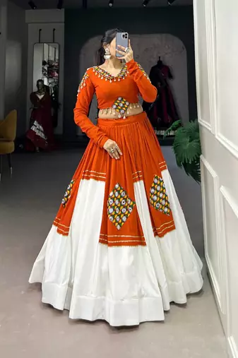 Orange & White Pure Rayon Traditional Gamthi Patch Work With Gota Patti Touch-Up Chaniya Choli (Free Size Stitched)