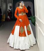 Orange & White Pure Rayon Traditional Gamthi Patch Work With Gota Patti Touch-Up Chaniya Choli (Free Size Stitched)