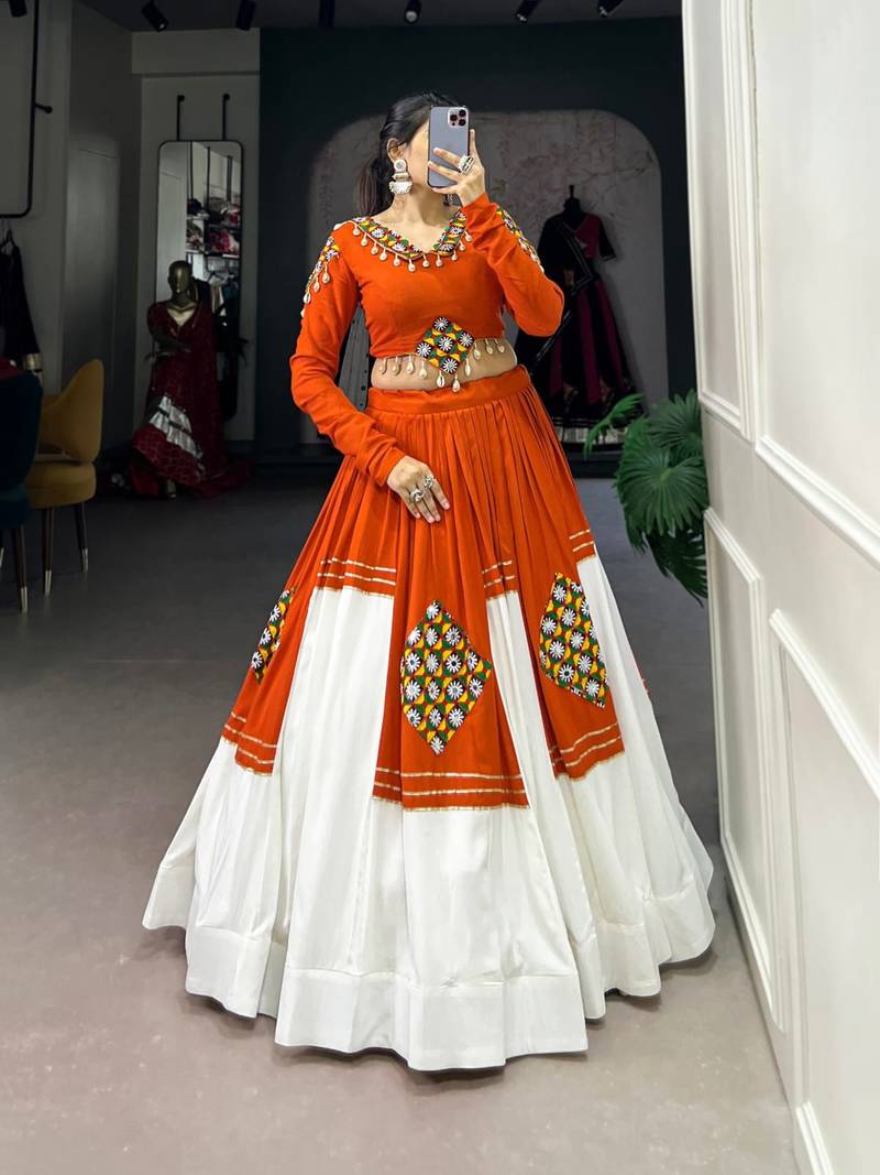 Orange & White Pure Rayon Traditional Gamthi Patch Work With Gota Patti Touch-Up Chaniya Choli (Free Size Stitched)