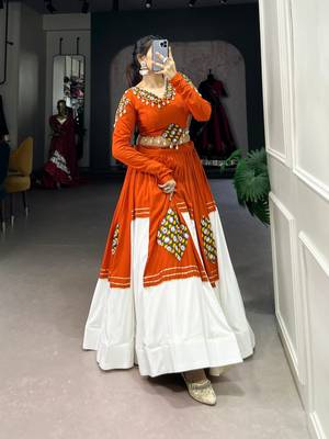 Orange & White Pure Rayon Traditional Gamthi Patch Work With Gota Patti Touch-Up Chaniya Choli (Free Size Stitched) 2