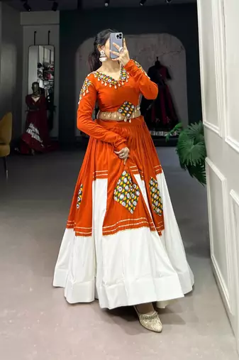 Orange & White Pure Rayon Traditional Gamthi Patch Work With Gota Patti Touch-Up Chaniya Choli (Free Size Stitched)