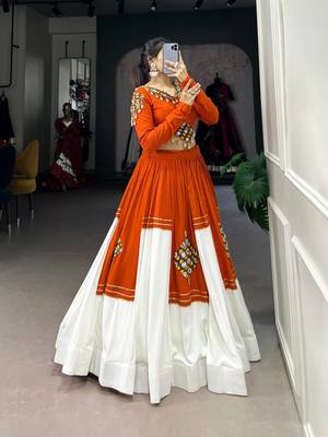 Orange & White Pure Rayon Traditional Gamthi Patch Work With Gota Patti Touch-Up Chaniya Choli (Free Size Stitched) 3
