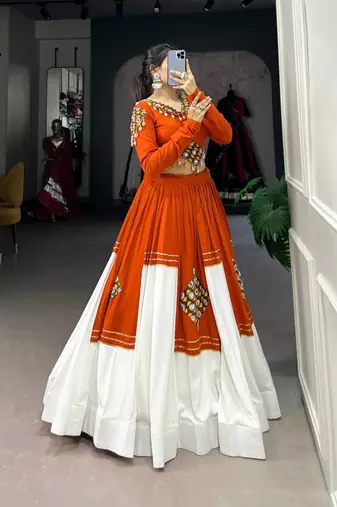 Orange & White Pure Rayon Traditional Gamthi Patch Work With Gota Patti Touch-Up Chaniya Choli (Free Size Stitched)