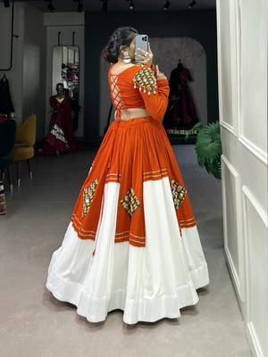 Orange & White Pure Rayon Traditional Gamthi Patch Work With Gota Patti Touch-Up Chaniya Choli (Free Size Stitched) 4