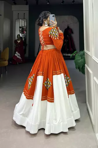 Orange & White Pure Rayon Traditional Gamthi Patch Work With Gota Patti Touch-Up Chaniya Choli (Free Size Stitched)