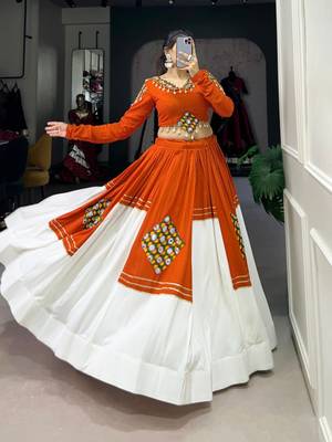 Orange & White Pure Rayon Traditional Gamthi Patch Work With Gota Patti Touch-Up Chaniya Choli (Free Size Stitched) 5