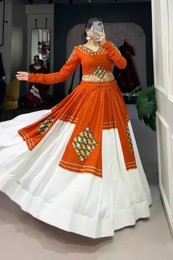Orange & White Pure Rayon Traditional Gamthi Patch Work With Gota Patti Touch-Up Chaniya Choli (Free Size Stitched)