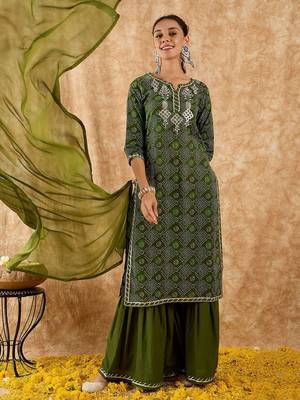 Ethnic Motifs Printed Straight Gotta Patti Kurta with Sharara & Dupatta 1