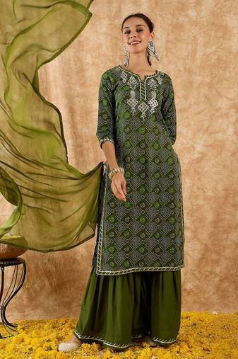 Ethnic Motifs Printed Straight Gotta Patti Kurta with Sharara & Dupatta