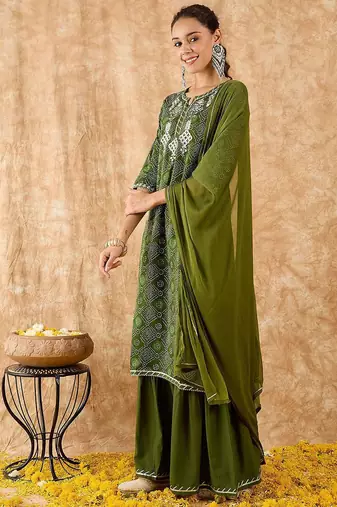 Ethnic Motifs Printed Straight Gotta Patti Kurta with Sharara & Dupatta