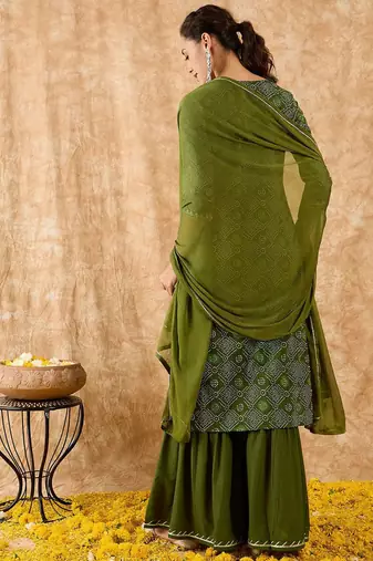 Ethnic Motifs Printed Straight Gotta Patti Kurta with Sharara & Dupatta