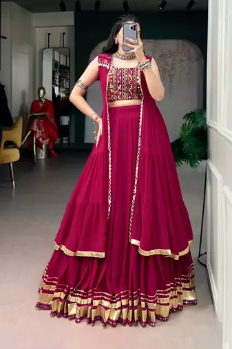 Rani Pink Fancy Fabric Chaniya Choli With Long Koti - Free Size 