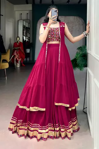 Rani Pink Fancy Fabric Chaniya Choli With Long Koti - Free Size 