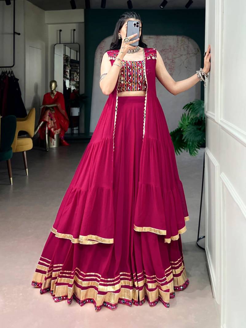 Rani Pink Fancy Fabric Chaniya Choli With Long Koti - Free Size 