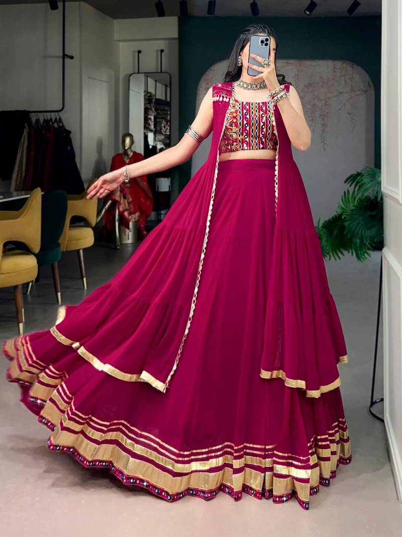 Rani Pink Fancy Fabric Chaniya Choli With Long Koti - Free Size 