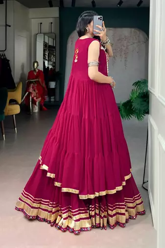 Rani Pink Fancy Fabric Chaniya Choli With Long Koti - Free Size 