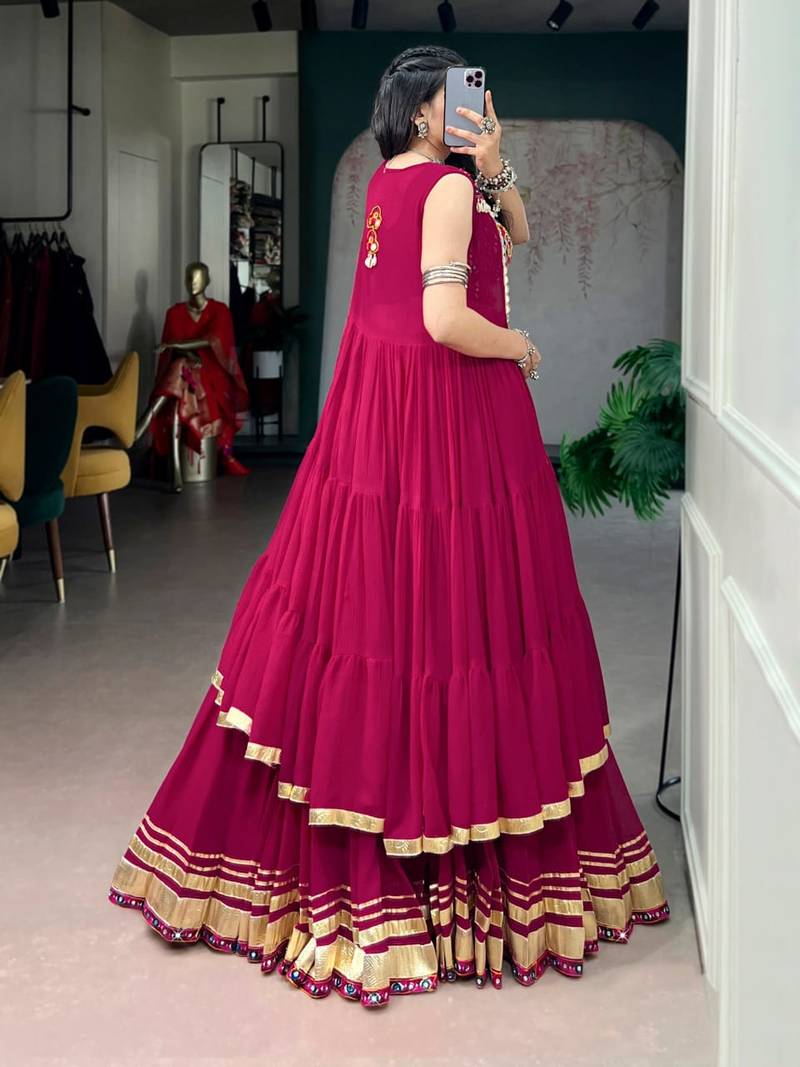 Rani Pink Fancy Fabric Chaniya Choli With Long Koti - Free Size 