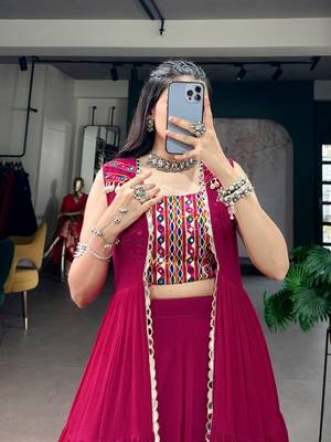 Rani Pink Fancy Fabric Chaniya Choli With Long Koti - Free Size  5