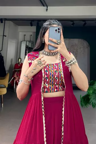 Rani Pink Fancy Fabric Chaniya Choli With Long Koti - Free Size 