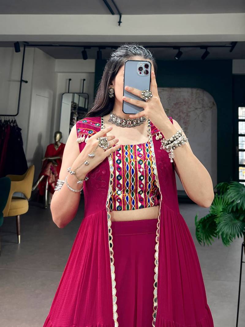 Rani Pink Fancy Fabric Chaniya Choli With Long Koti - Free Size 