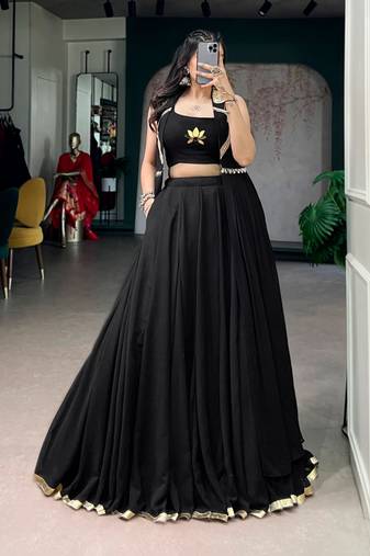 Black Feather-Light Flow Fabric Chaniya Choli With Long Fancy Jacket - Free Size 