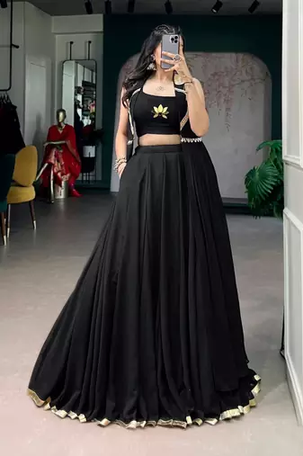 Black Feather-Light Flow Fabric Chaniya Choli With Long Fancy Jacket - Free Size 