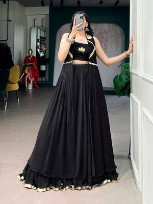 Black Feather-Light Flow Fabric Chaniya Choli With Long Fancy Jacket - Free Size  2