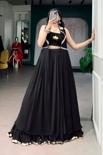Black Feather-Light Flow Fabric Chaniya Choli With Long Fancy Jacket - Free Size 