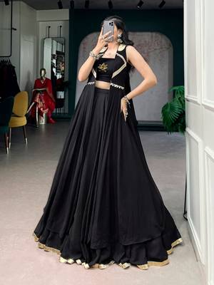 Black Feather-Light Flow Fabric Chaniya Choli With Long Fancy Jacket - Free Size  3