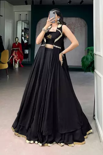Black Feather-Light Flow Fabric Chaniya Choli With Long Fancy Jacket - Free Size 