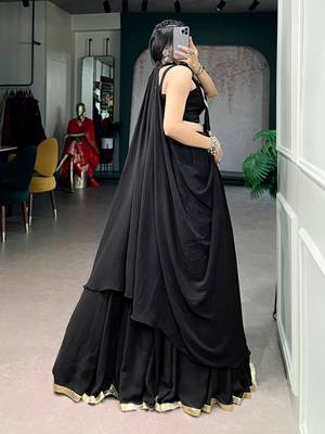 Black Feather-Light Flow Fabric Chaniya Choli With Long Fancy Jacket - Free Size  4