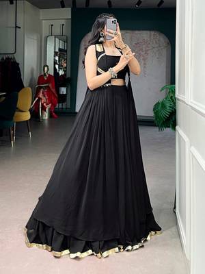 Black Feather-Light Flow Fabric Chaniya Choli With Long Fancy Jacket - Free Size  5