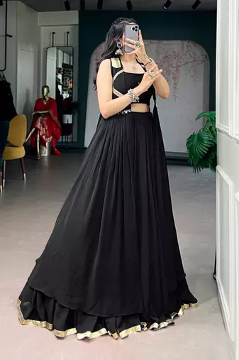 Black Feather-Light Flow Fabric Chaniya Choli With Long Fancy Jacket - Free Size 