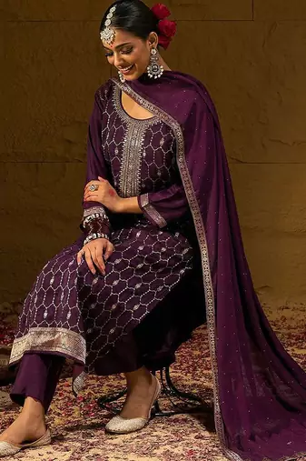 Burgundy Geometric Embroidered Jacquard Weave Kurta with Trousers & Dupatta