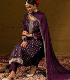 Burgundy Geometric Embroidered Jacquard Weave Kurta with Trousers & Dupatta
