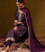 Burgundy Geometric Embroidered Jacquard Weave Kurta with Trousers & Dupatta